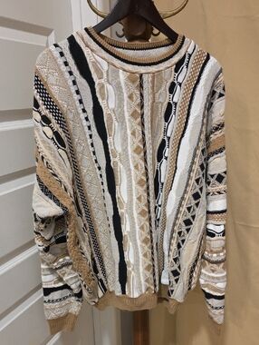 Men's Multi-Stripe Textured Crewneck Sweater in Beige/Black/White